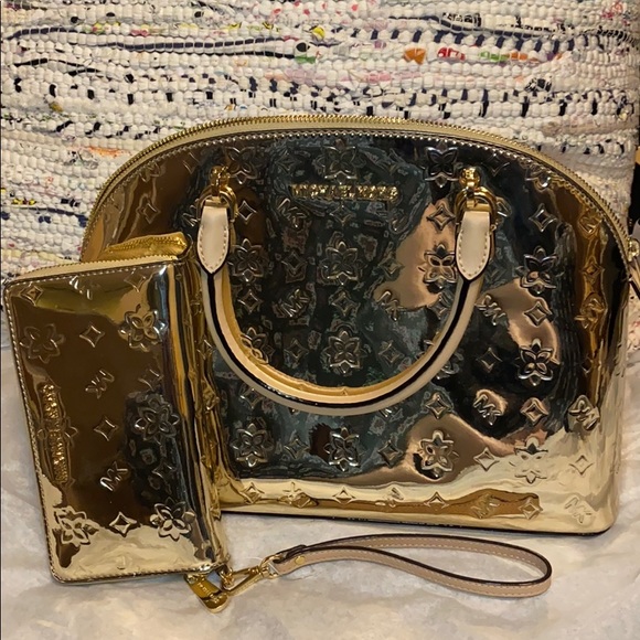 MICHAEL Michael Kors Handbags - MK Gold metallic Satchel and matching wristlet